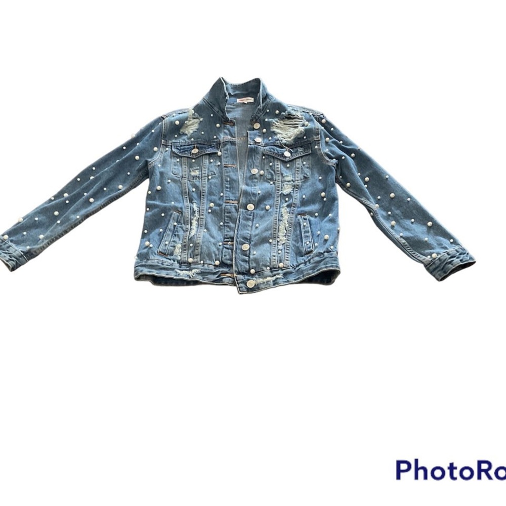 Sunset + Sprjng Embellished Distressed Denim Jacket with Pearls